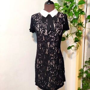 Betsey Johnson Dark Academia Black Lace Overlay Nude Lining Collar Tie Size 6